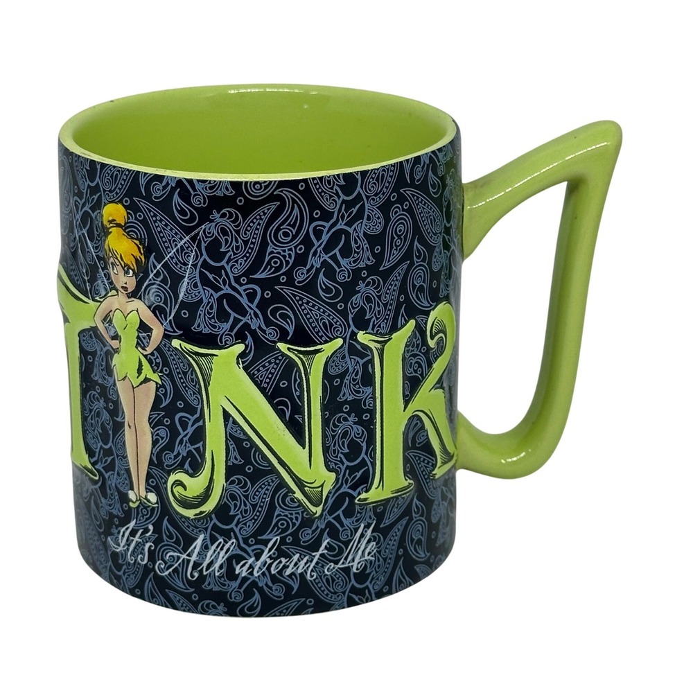 Disney Parks Tinker Bell Mug Blue Green It's All About Me Paisley Coffee Cup